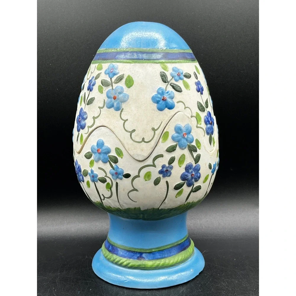 Vtg Hand Painted Ceramic Floral Pedestal Egg Small Taper Candle Holder Blue  8